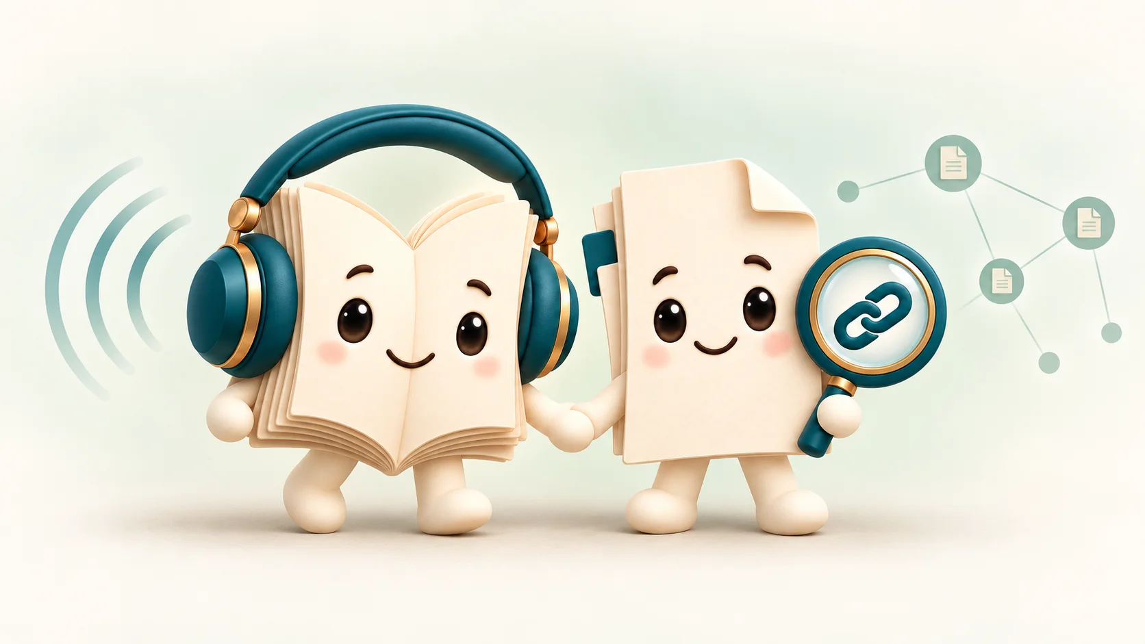 Paper Voice's headphone-wearing book mascot holding hands with Paper Nexus's document mascot, which carries a chain-link magnifying glass