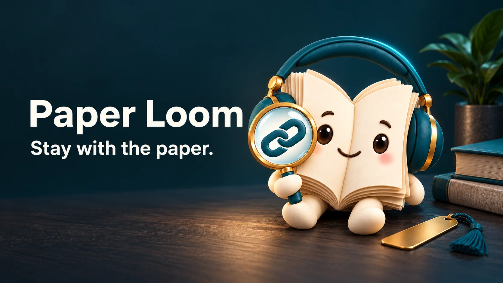 Paper Loom's book mascot wearing teal headphones and holding a chain-link magnifying glass, beside the words Stay with the paper
