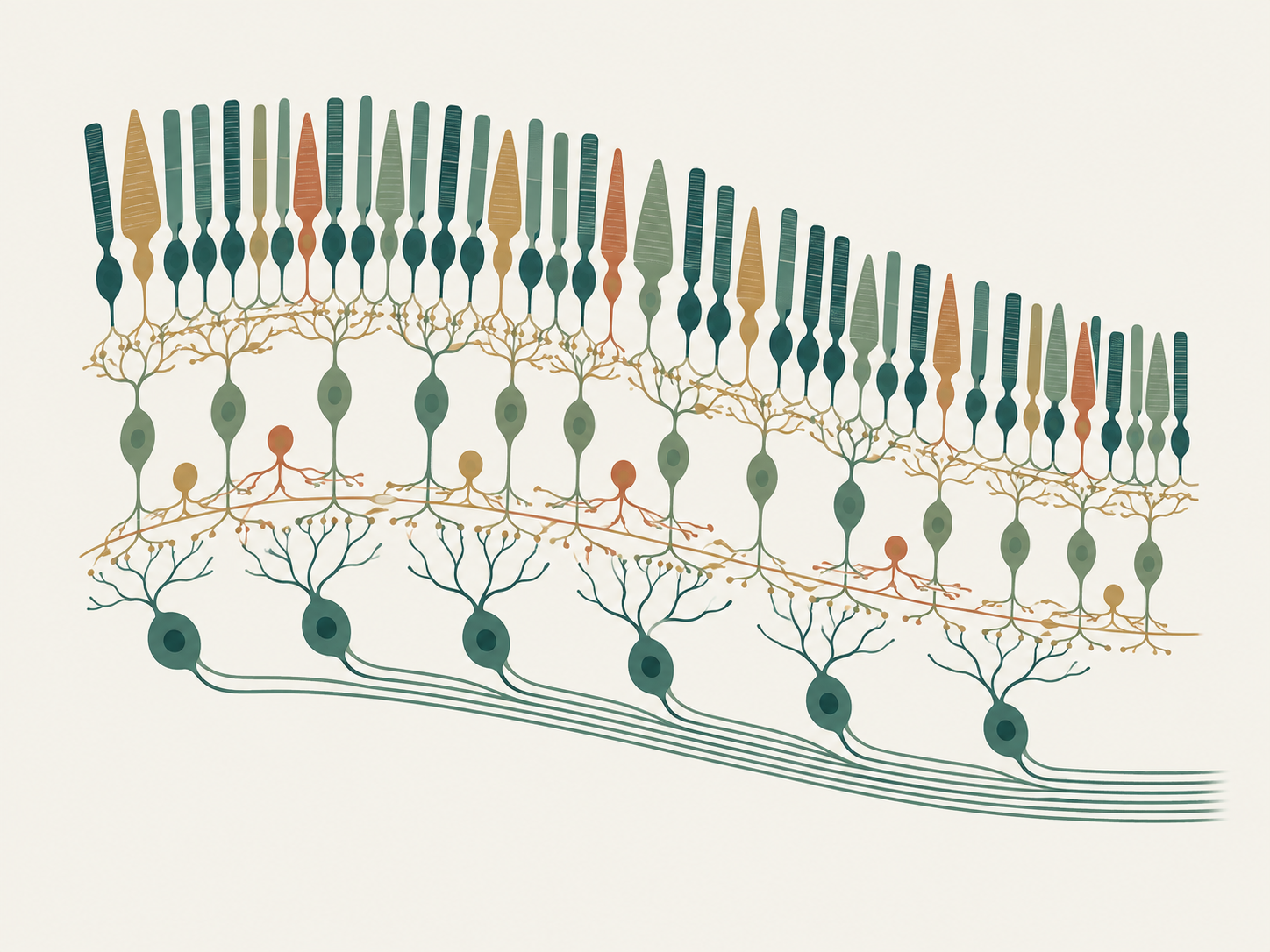 Conceptual illustration of layered retinal cells, including rods, cones and retinal neurons